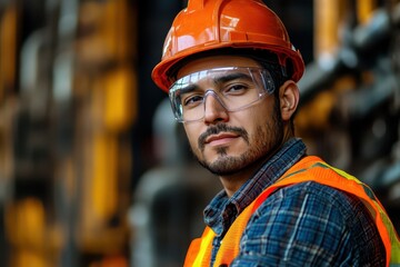Construction worker wearing safety gear smiles confidently while overseeing site progress in a bustling urban environment during daylight hours