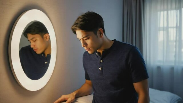 A person gazing at their own image in a mirror, self-reflection moment.