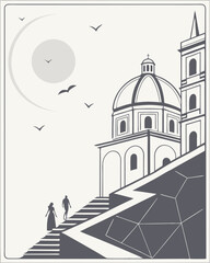 Fototapeta premium Elegant Minimalist Architecture Couple Ascending Steps towards a Dome Church under a Calm Sun