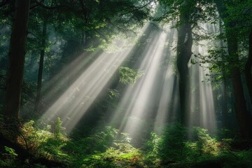 Sunbeams pierce a misty forest, illuminating lush green foliage and ancient trees.