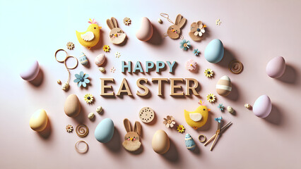 Happy Easter words, Easter Eggs, Easter bunnies & rabbit. Space for text & copy. lifestyle, modern, illustration & Easter theme background, Social media posts Facebook, Instagram, TikTok & X