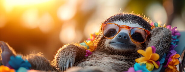 Sloth with garland and sunglasses is resting. Funny wild animal wearing flower lei, concept relaxation on vacation, illustration for greeting card, summertime party invitation, poster.