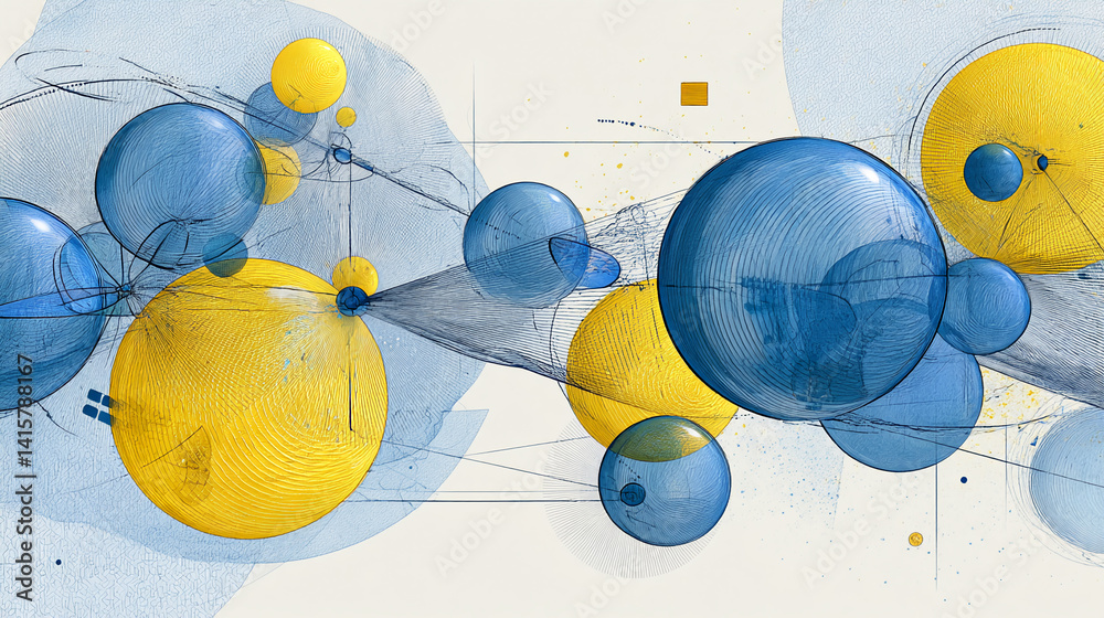 Poster abstract artwork featuring blue and yellow spheres, interconnected by thin lines on a light backgrou