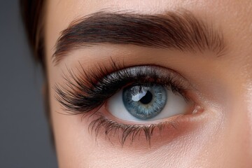 Obraz premium A stunning female eye featuring exceptionally long eyelashes and bold black liner makeup, showcasing flawless makeup and lengthy lashes in a close-up fashion portrait of the eyes