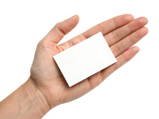 Obraz premium A light-skinned hand holding a blank business card, showcasing the potential for personalization.