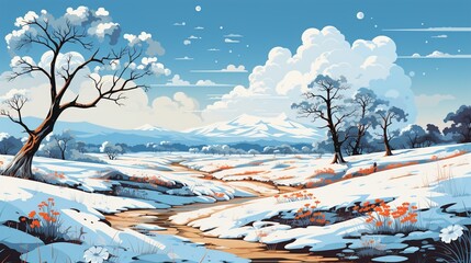 Snowy landscape with bare trees and sky