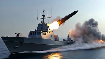 Naval vessel fires missile during a maritime exercise in open waters, 3D of a naval vessel firing a missile