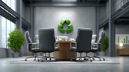A conceptual shot of a business team around a conference table projected with a 3D recycling symbol and green analytics graphs, under moody studio lighting for ecoâ€‘strategy presentations