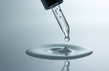 Transparent glass dropper drops cosmetic liquid on gray background. Essential oil, serum, face care product research concept. Beauty science with collagen, peptide, hyaluronic acid. Dermatology.