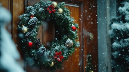 Close up of beautiful pine wreath with Christmas tree decorations hanging on wooden door in snowy weather during Christmas holidays.