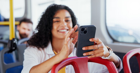 Hands, woman and travel on bus with phone for transport schedule, morning commute or location directions. Passenger, girl or happy with smartphone on public service for journey or social media scroll