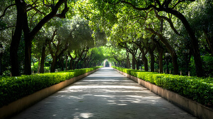 Obraz premium Sunlight Filled Park Pathway With Lush Green Trees