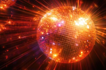 Obraz premium A vibrant, glowing disco ball emits radiant light beams, creating a dazzling party atmosphere.