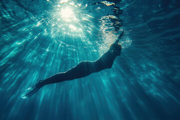 Fototapeta premium Woman swimming in ocean under vibrant sunset sky, waves gently breaking around her, creating a serene and peaceful scene.