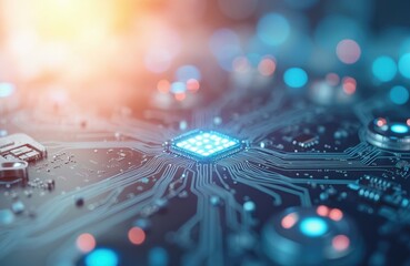 Blurred image circuit board with glowing lights. Tech hardware, computer component, motherboard. Digital tech, engineering, futuristic microchip, semiconductor. Innovation in computing technology.