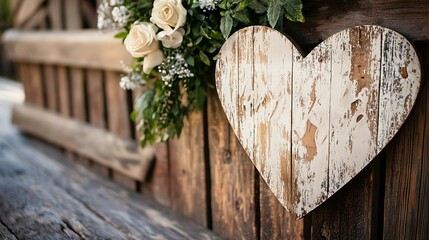 Rustic wooden heart decor against a background of natural wood and flowers, perfect for wedding or romantic themes.