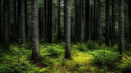 Dark Forest Scene With Lush Green Undergrowth