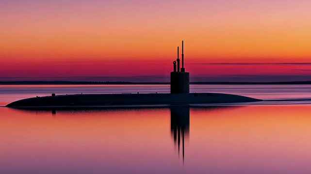 Silhouette of a military submarine arriving at sunset on calm waters, The silhouette of a military submarine as it arrives into port at dawn