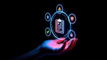 Hand holding digital icons for risk management and assessment on a dark background, symbolizing business strategy and control