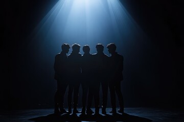 Silhouetted figures of four men stand on a dark stage, illuminated by a single spotlight.