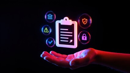 Hand holding digital icons for risk management and assessment on a dark background, symbolizing business strategy and control