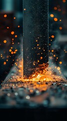 Close-up of metal striking with sparks flying, showcasing intense heat and dynamic motion in a workshop environment.