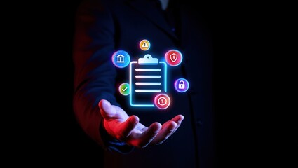 Hand holding digital icons for risk management and assessment on a dark background, symbolizing business strategy and control
