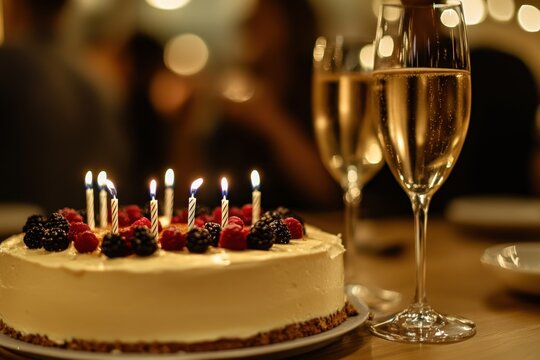 A birthday cake with candles on the table, people celebrating in the blurred background, champagne glasses Generative AI