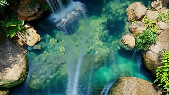 Flowing waterfall captures nature's beauty from above in a tropical paradise oasis, Aerial drone shot looking down on waterfall flowing into amazing natural pond, jurassic park concept