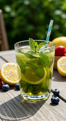 Fototapeta premium Refreshing mint lemonade drink with fruit on wooden table 