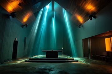 A serene and mysterious chapel interior bathed in dramatic teal light beams, creating a contemplative atmosphere.