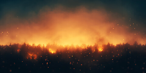 Obraz premium Wildfire Burning Through Forest at Sunset with Smoke and Embers