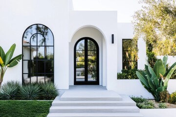 A contemporary white house featuring striking black frames, surrounded by vibrant greenery, nestled in a sunny and inviting residential neighborhood