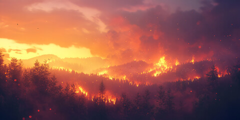 Obraz premium Wildfire Burning Through Forest at Sunset with Smoke and Embers