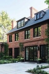 Obraz premium Elegant brick house with black windows and well-maintained garden nestled among greenery during a sunny day in a residential area