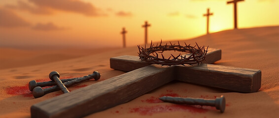 Crown of Thorns and Nails on Wooden Cross at Calvary Sunset