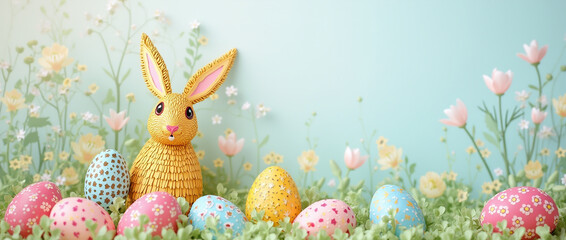 Cute Easter Bunny with Colorful Eggs in a Spring Meadow. Perfect for Easter greetings and seasonal designs.