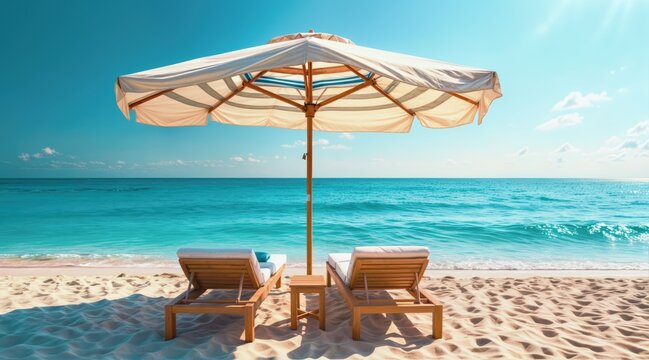 Luxury beach setup with white and blue umbrella, golden light