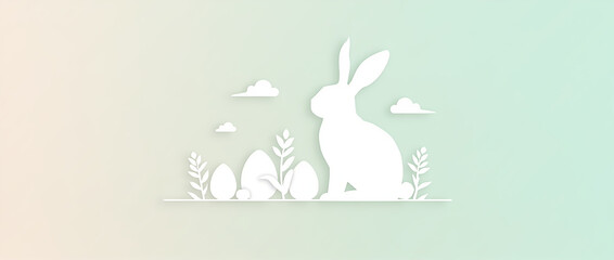 Happy Easter design features a clean, modern style with a bunny and eggs silhouette on a pastel background.