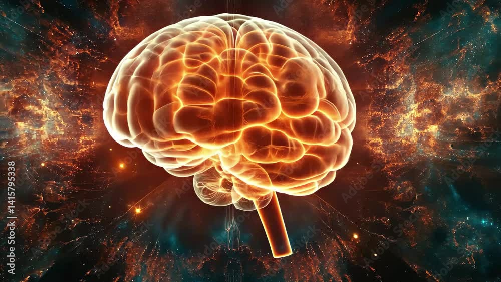 Poster human brain rotating seamlessly with vibrant energy patterns in a cosmic background, the human brain
