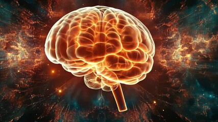 Human brain rotating seamlessly with vibrant energy patterns in a cosmic background, The human brain rotating 360 degrees - seamless ing - Powered by Adobe