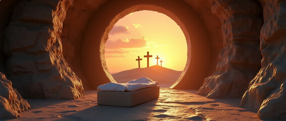 Empty tomb with three crosses at sunrise viewed from stone entrance
