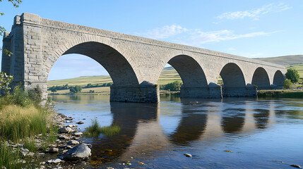 Fototapeta premium Stone Arch Bridge Over Calm River Landscape