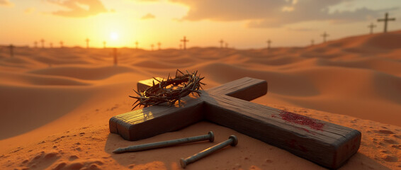Wooden cross on desert sand with thorn crown and iron nails
