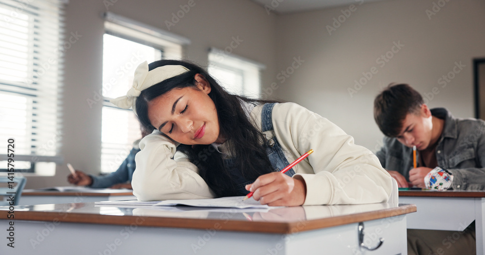 Aufkleber sleeping, school and girl in classroom at desk with boredom for writing assignment, test or quiz. co