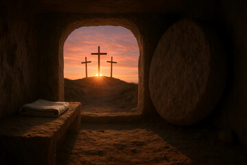 Empty rock tomb at sunrise with burial cloth and crosses
