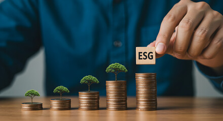 Hand Placing ESG Wooden Block on Growing Coin Stacks with Trees, Representing Sustainable and...