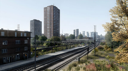 Fototapeta premium Urban Cityscape With Train Tracks And High-Rise Buildings