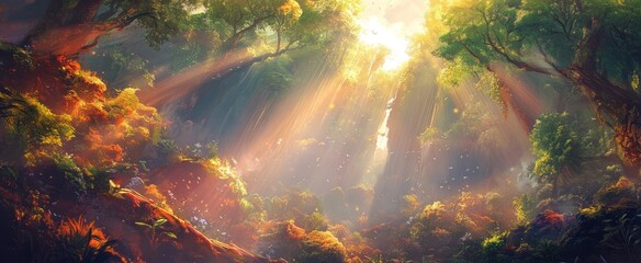 Obraz premium Sunlight streams dramatically through a lush and colorful forest landscape