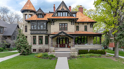 Obraz premium Historic Stone House Exterior With Copper Roof